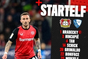 勒沃库森vs波鸿首发：希克、扎卡先发 博尼法斯、弗林蓬出战